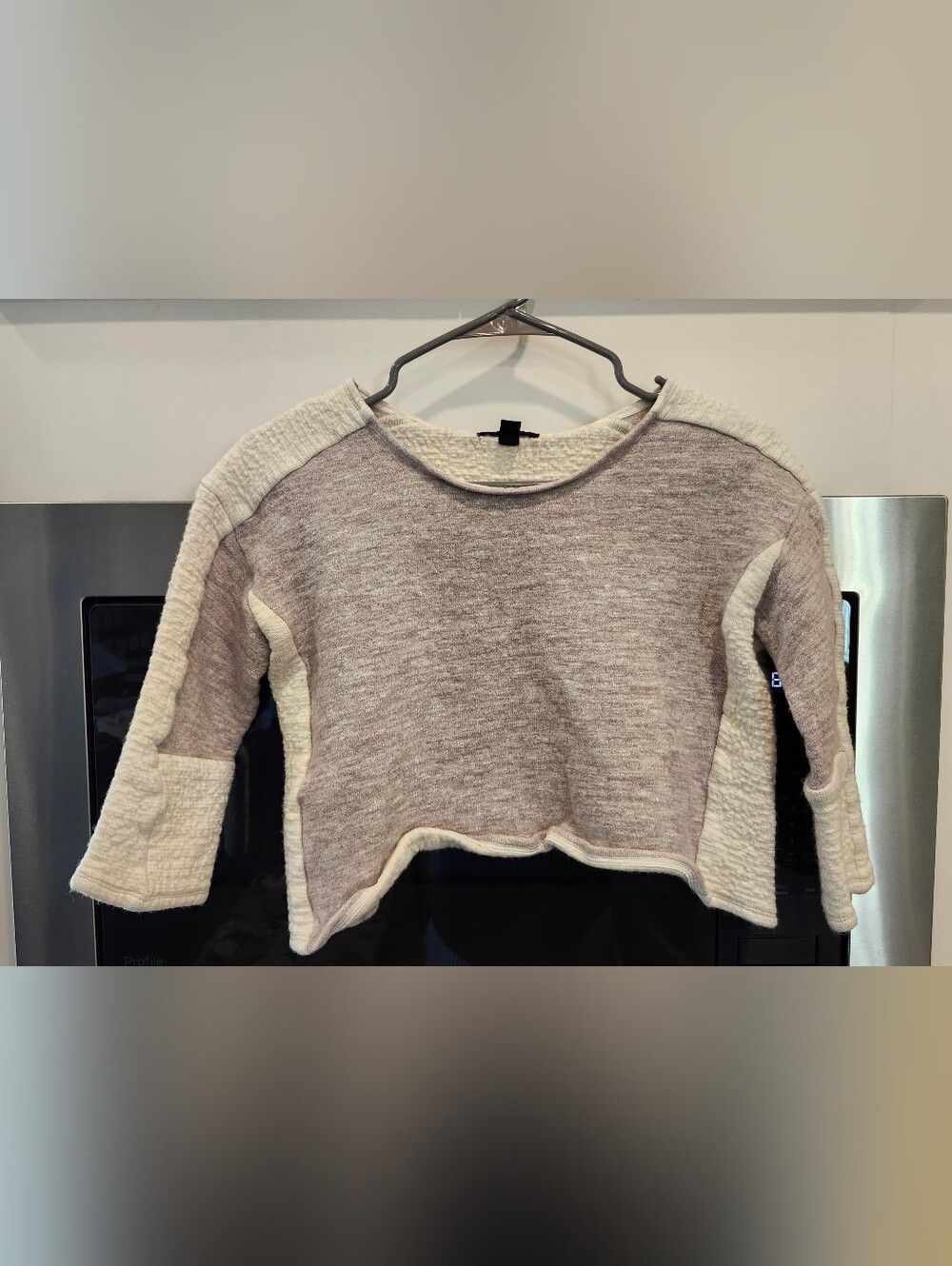 J. Crew Heather Mauve and Cream Cozy Cropped Crewneck Sweater